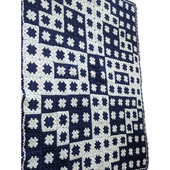Handmade Other - Vintage Crocheted Afghan Granny Squares Dark Blue Light Blue Handmade 60" x 50"